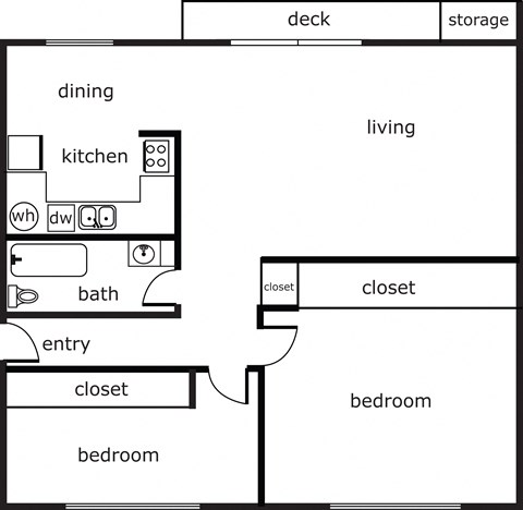 Floor plan for 2 beds, 1 bath, 800 sqft